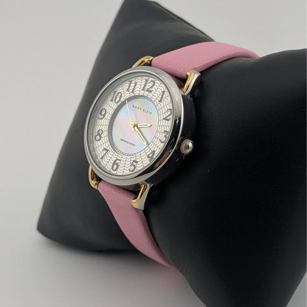 Anne‎ Klein Womens Watch MOP Spider Web Dial Pink Strap Two Tone 100FT WR